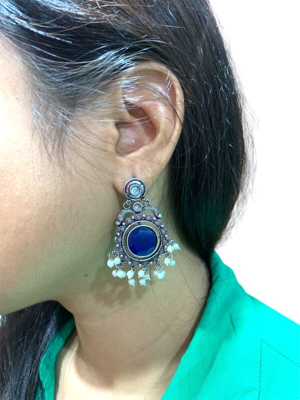 Blue Color Premium Oxidised Earrings with Monalisa Stone and Beads