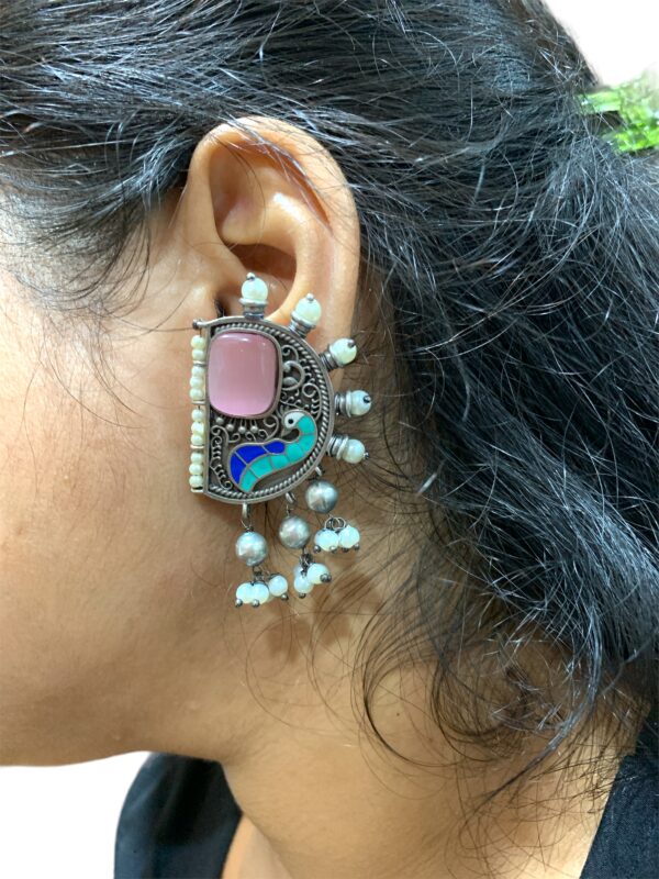 Meenakari Earrings with Monalisa Stone and Beads - Pink