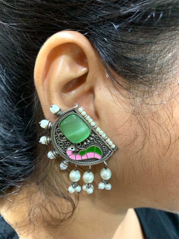 Meenakari Earrings with Monalisa Stone and Beads - Green