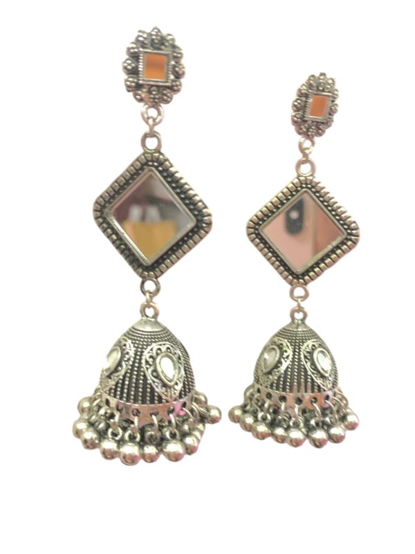 German Silver Multi Mirror Jhumka with Silver Pearl