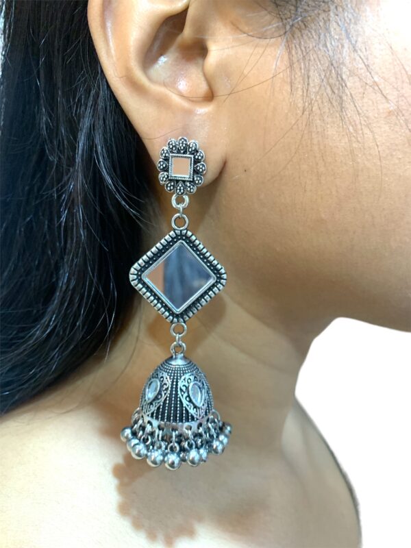 German Silver Multi Mirror Jhumka with Silver Pearl